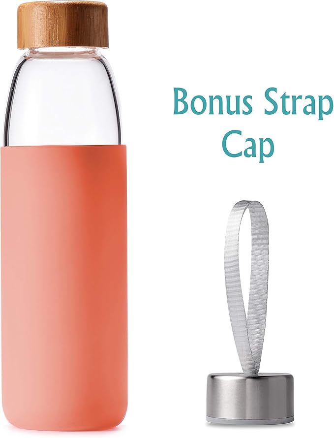 veegoal Glass Water Bottles 18 Oz Borosilicate with Bamboo Lid, BPA-FREE, Non-Slip Silicone Sleeve, and Stainless Steel Leak Proof Lid - Glass Water Bottle for Men and Women