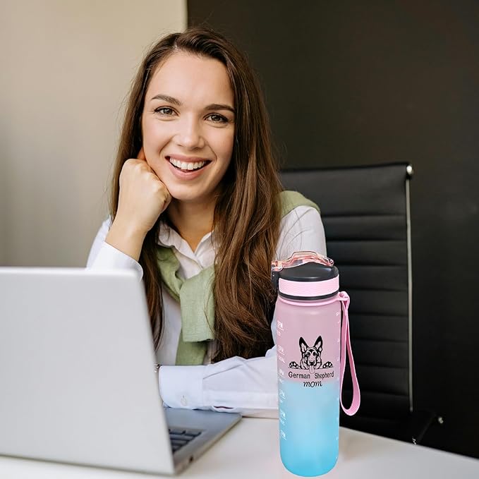 German Shepherd Mom Water Bottle with Straw, Carry Strap, LeakProof, Tritan BPA Free, 32 Oz Motivational Water Bottle with Time Marker to Drink Enough Water for Gym Fitness Outdoor