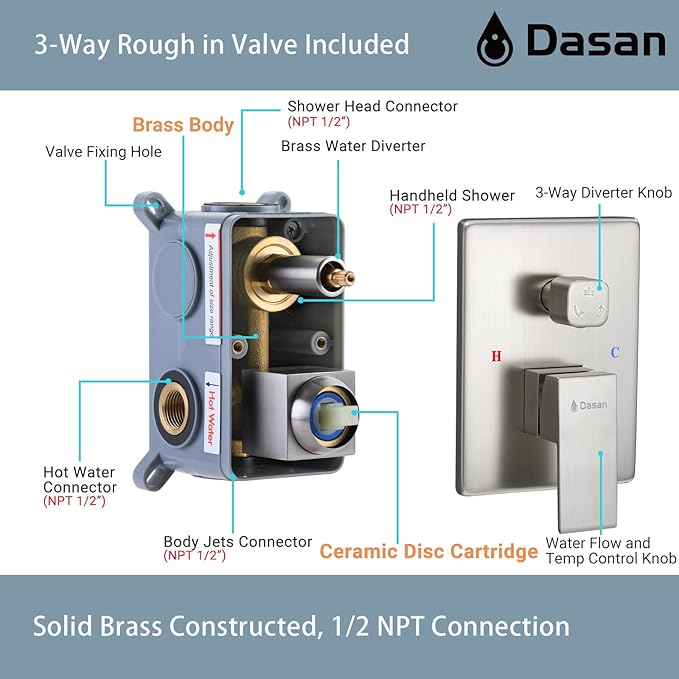 Brushed Nickel Shower System with 4 PCS Shower Body Spray Jets & 12’’ Ceiling Shower Head & Handheld Spray, DASAN Full Body Shower Faucet System with Jets Rainfall Shower Combo Set, SA-SS03BBN-S12C