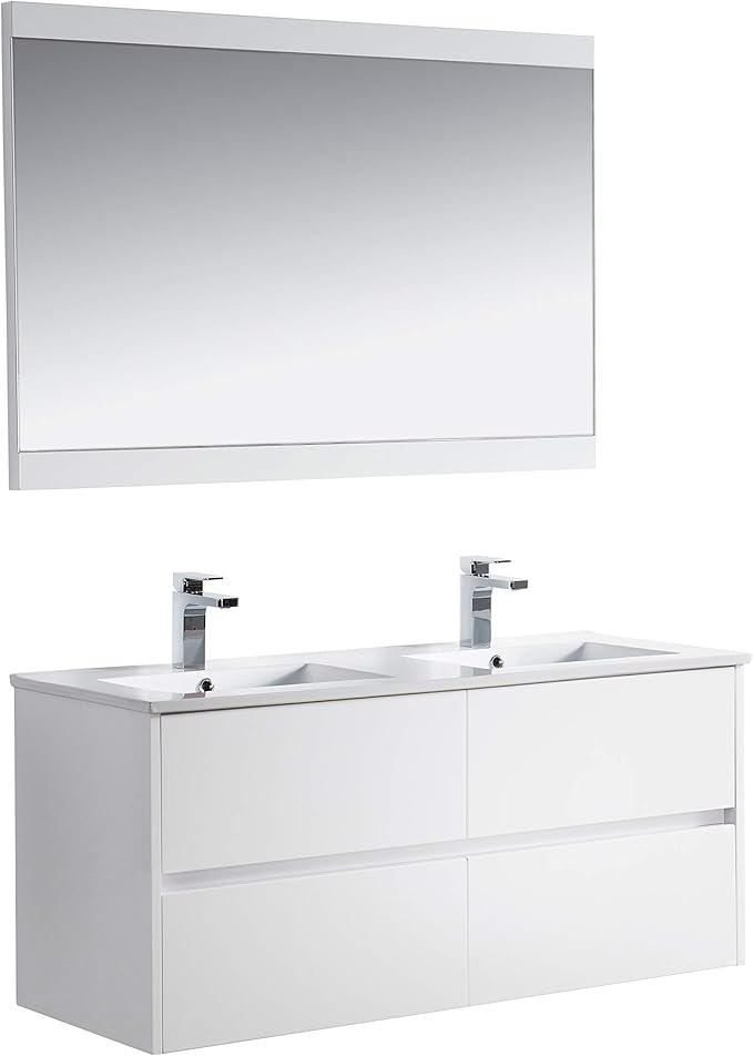 Blossom Bathroom Vanity with Double Ceramic Sinks and Mirror | All Wood Floating Vanity Cabinet | 2x2 Soft-Closing U-Shaped Cutout Drawers | 48" w/ 2 Ceramic Sinks and Mirror, Glossy White