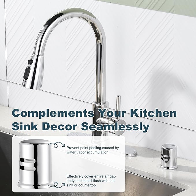 Dishwasher Air Gap Cover, Dishwasher Air Gap Cap for Kitchen Sink, Solid Brass Dishwasher Overflow Vent Cap Replacement Kit, Chrome