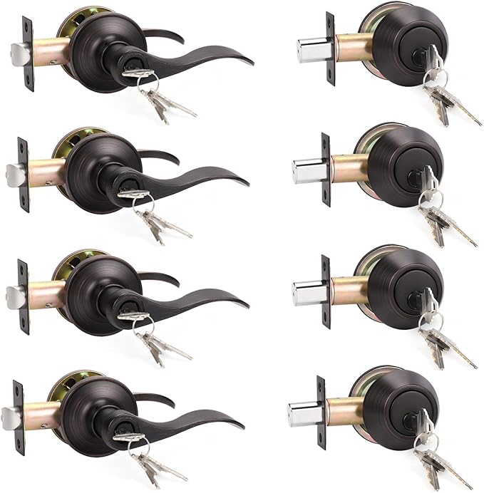 KNOBWELL 4 Pack Keyed Alike Door Lever Handle with Single Cylinder Deadbolt, Oil Rubbed Bronze Exterior Door Knob Lock Set with Deadbolt, Front Door Entry Lever Lockset and Deadbolt Combination Set