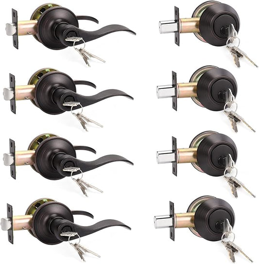 KNOBWELL 4 Pack Keyed Alike Door Lever Handle with Single Cylinder Deadbolt, Oil Rubbed Bronze Exterior Door Knob Lock Set with Deadbolt, Front Door Entry Lever Lockset and Deadbolt Combination Set