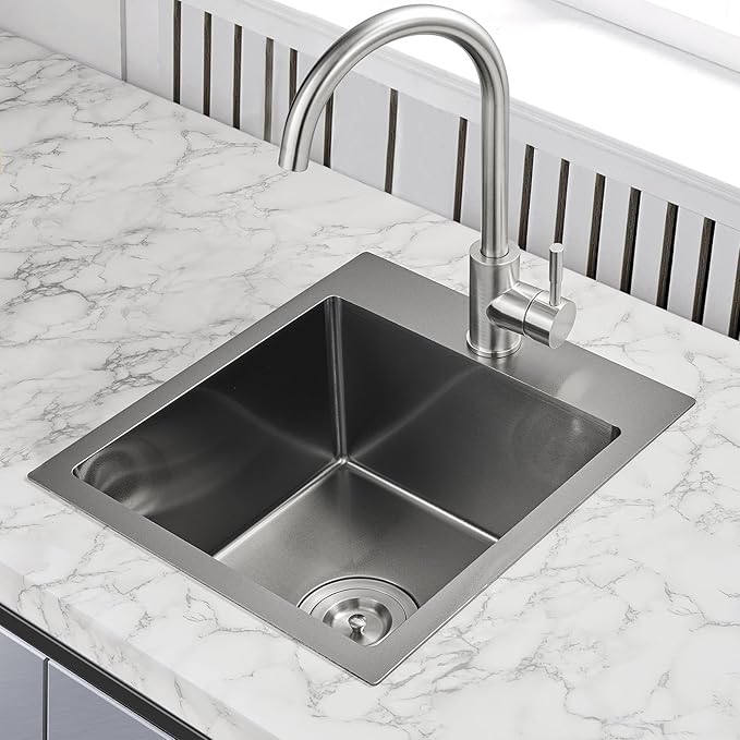 POPFLY Kitchen Sink, 15×17 Inch Drop In Black Small Kitchen Sinks, 304 Stainless Steel Bar or Prep Rv Single Bowl Sink, Fregaderos De Cocina Modernos