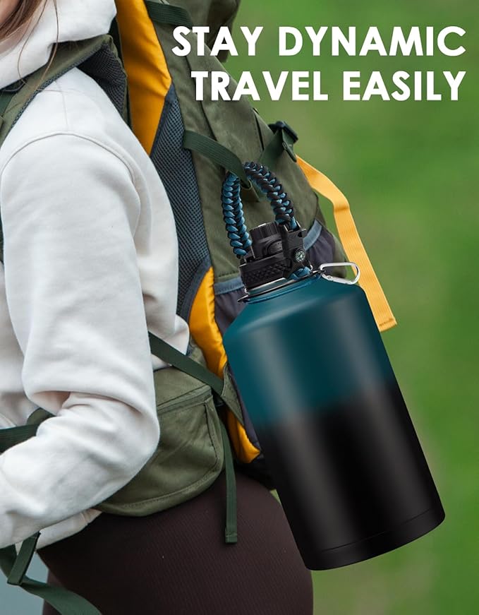 Gallon Water Bottle Insulated 128oz - Stainless Steel Water Bottles Keep Cold 48H, Fitness Sports Water Bottle with Straw & Spout Lid, Paracord Handle, Carrier Bag with Strap,Black 128 OZ Jug