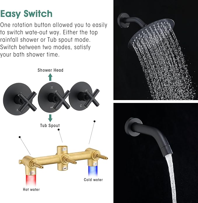 PROOX 3 Handle Tub Shower Faucet Set, 8" Rainfall Shower Head with Tub and Shower Trim Kit with Rough-in Valve, Matte Black Bathtub Shower Faucets, Wall Mounted Bathroom Rain Shower System