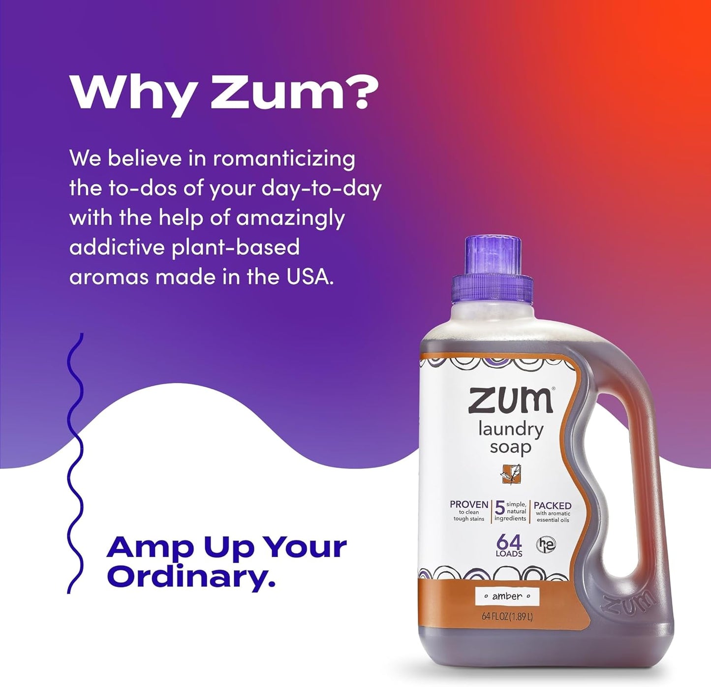 Indigo Wild Zum Clean Laundry Soap - Plant-Based Liquid Laundry Soap - Contains Baking Soda, Essential Oils & Saponified Coconut Oil - Amber - 64 fl oz (2 Pack)