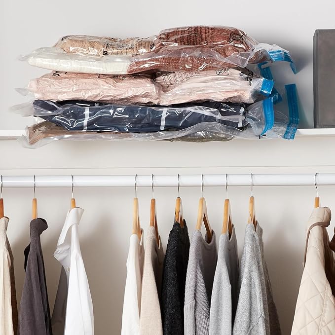 Amazon Basics Vacuum Compression Space Saving Storage Bags with Hand Pump, Large, Pack of 5, Clear