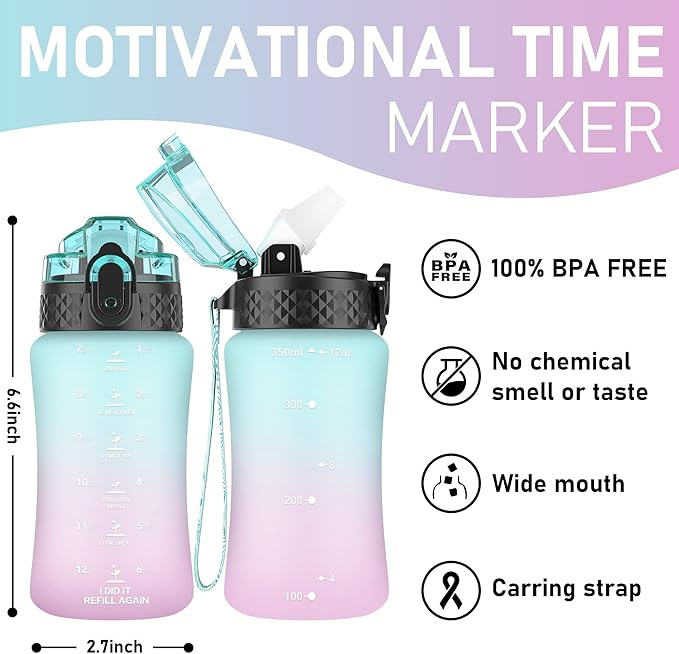 GOPPUS Kids Water Bottle with Straw Spout Lid 10pcs Stickers 12 oz Leak-proof BPA Free Motivational Time Marker Tritan Plastic Water Bottles for Girls Boys School Sports