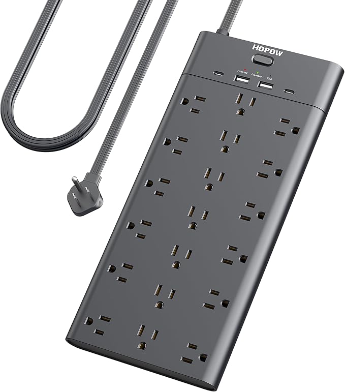 Power Strips with Surge Protection, HOPOW 6 Ft Flat Plug Power Strip Extension Cord with 19 Outlets and 4 USB Ports, 2100J Surge Protector, Wall Mount for Home, Office, Gaming Room, Dorm, Black