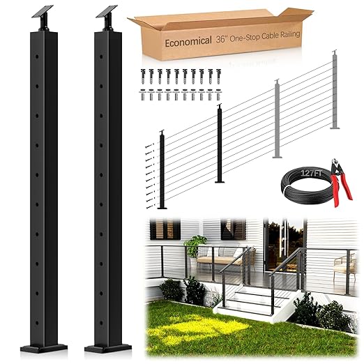 2 Pack Economical Stair Cable Railing Post Kits 36", Stainless Steel T304 Deck Stair Railing System with Swageless Tensioner, Upgraded Black Powder Coated Stairway Post Kits with DIY Length