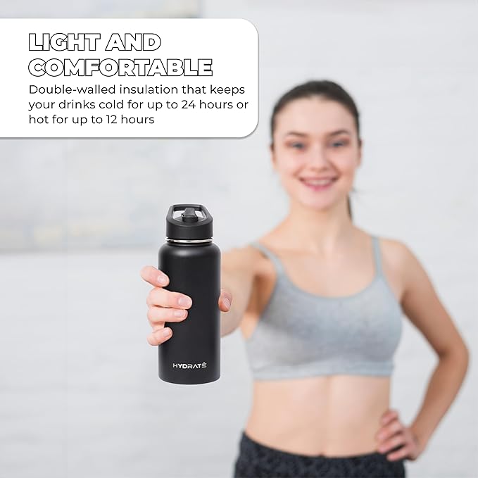 HYDRATE Insulated Stainless Steel Water Bottle - Large Reusable Flask with Leak-Proof Design and Convenient Handle - Double Vacuum Insulation for School, Work, or Adventure