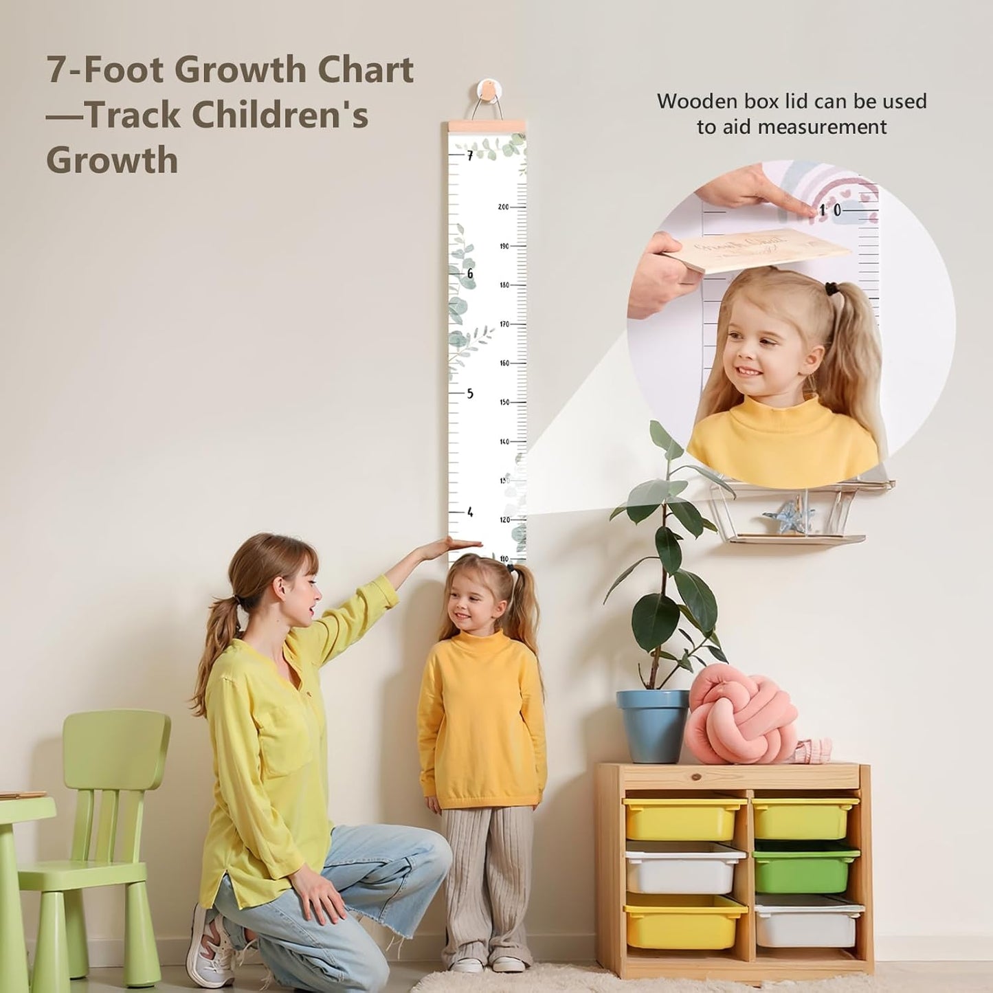 Growth Chart for Wall 7 Ft Height Chart with Keepsake Box & Hook Waterproof Canvas Measure Wall Ruler Removable Neutral Nursery Wall Decor for Baby Kids Toddlers