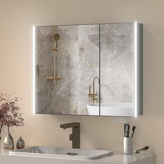 32x24 Inch Medicine Cabinet with LED Light Mirror, Brightneess Adjustable and Full-Assembled Bathroom Aluminum Cabinet with Storage, Surface or Recessed Tempered Cabinet, Farmhouse Black