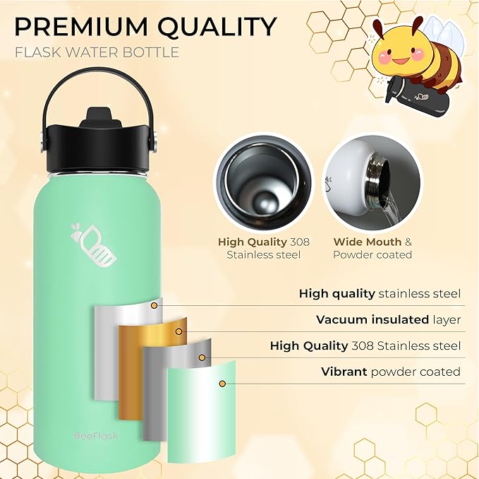 Sports Water Bottle - 32 Oz, 3 Lids (With straw), 50 Cute Stickers, Vacuum Insulated, 308 Stainless Steel, with a Portion of Sales Supporting Bee Conservation Efforts (Mint Green)