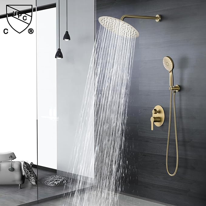 Shower Faucet Set Brass 12IN Rough-In Valve Body Trim Kit Rainfall Included Handle Accessories Complete 2 Functions with Rain Head and Handheld Bathroom Systems (12'', Brushed Gold)
