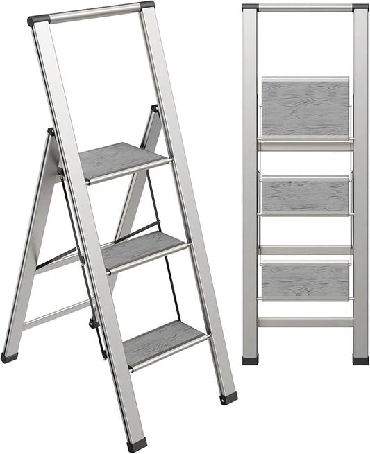 Step Ladder 3 Step Folding, Decorative - Beautiful Gray Wood & Silver Aluminum, Ultra Slim Profile, Anti Slip Steps, Sturdy-Portable for Home, Office, Kitchen, Photography Use,by SORFEY