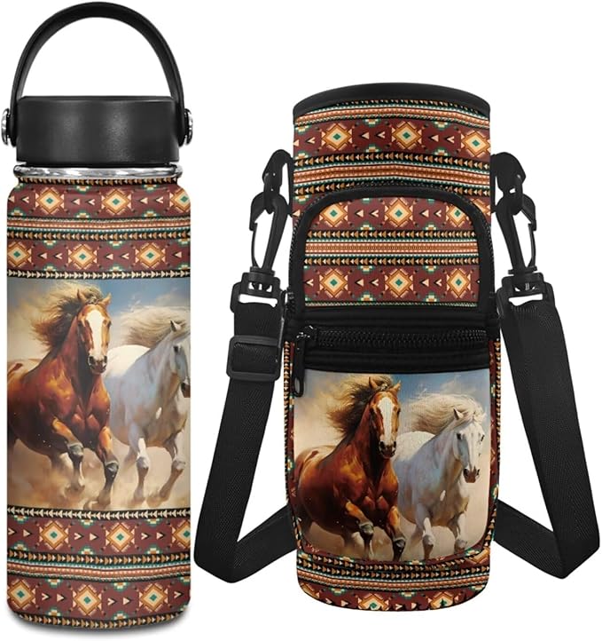 Aztec Stainless Steel Water Bottle for Boys 10-12/12-14 Horse 2 Pcs Water Bottle Holder Carrier Sling Water Bottle Pouch Sleeve