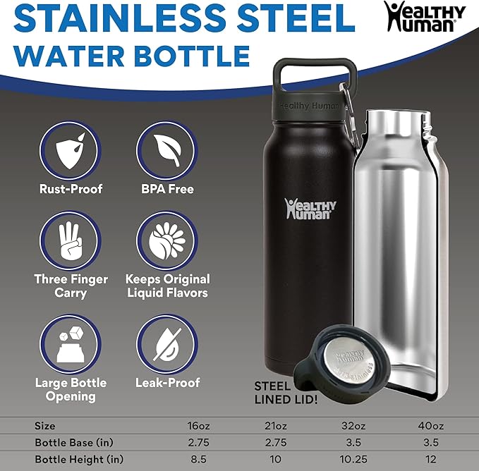 Healthy Human Stainless Steel Water Bottle | Double Walled Vacuum Insulated Water Thermos for Adults | Eco-Friendly Travel Bottles with Leak Proof Lid (Pure Black, 32 oz/ 946 ML)
