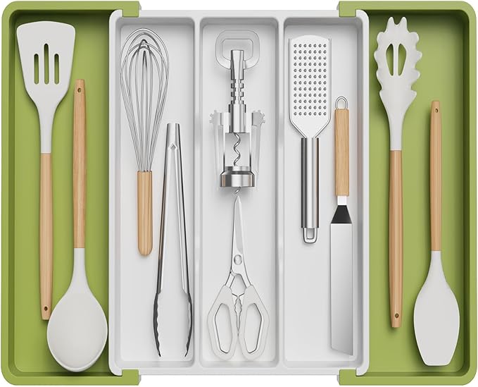 Lifewit Utensil Organizer for Kitchen Drawers, Expandable Cooking Utensil Tray, Adjustable Cutlery Silverware Flatware Holder, Plastic Spatula Tools and Gadgets Storage Divider, Large, Green&White