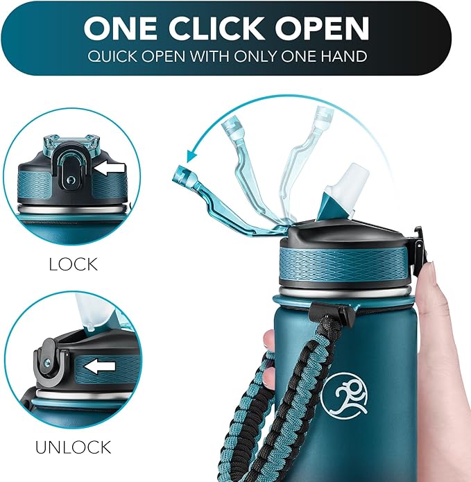 GOSWAG Insulated Sports Water Bottle, 24oz 2 Lids(with Straw/No Straw), Stainless Steel Water Bottles with Paracord Handle, Insulated Thermos with Double-Wall Vacuum Insulation