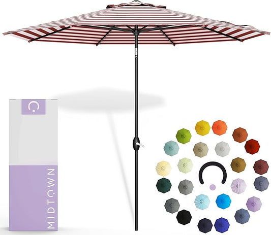 Midtown Umbrellas The Lean 10 Feet Outdoor Umbrella With Terylast Red Stripes (Red/White Stripes) Polyester Fabric - Auto-Tilt Aluminum Frame Patio Umbrella For Deck, Garden, Pool - Black Pole