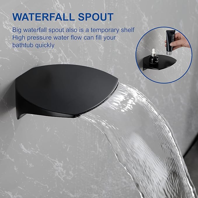 SHAMANDA Luxury Tub Shower Faucet Set with Round-in Valve, Wall Mounted Shower System with Waterfall Tub Spout and 6-Setting Rain Shower Head with 9-Setting Handheld, Matte Black, L8083-7