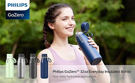 Philips GoZero Everyday Insulated Stainless Steel Water Bottle with Philips Everyday Tap Water Filter BPA Free Transform Tap Water into Healthy Tastier Water Keep Drink Hot/Cold, 32 oz, Stainless