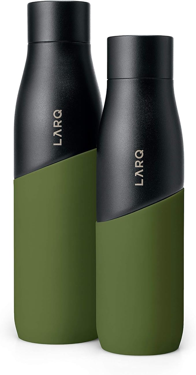 LARQ Bottle Movement PureVis 32 oz- Lightweight Self-Cleaning and Non-Insulated Stainless Steel Water Bottle with UV Water Purifier | Reusable & Travel Friendly, Black/Pine