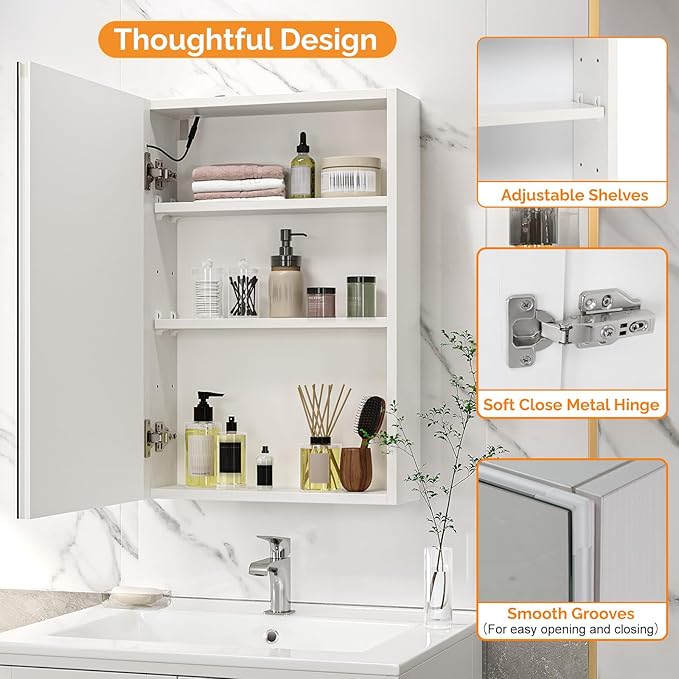 VINGLI 16Inch Medicine Cabinet with Lights, Lighted Medicine Cabinet with Mirror, Led Wall Mirror with Storage for Bathroom,Wall Mounted,3-Color Memory Mode Light，White,5.9" D x 15.75" W x 23.6" H