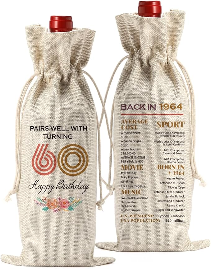 Funny 60th Birthday Gifts for Women Men Wine Bag, Happy Anniversary 60th birthday Party Decorations for Woman Men Wine Bags, 60 Year Old Birthday Gifts for Women Men Wine Bottle Bag