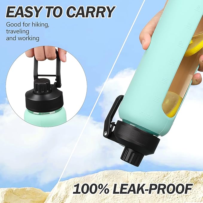 Glass Water Bottles with Straw -24oz- Water Bottle Phone Holder for Gym Sports Water Bottles with Silicone Sleeve Glass Drinking Bottles 2 Lids - Spout & Bamboo Straw Lid(Mint Green)