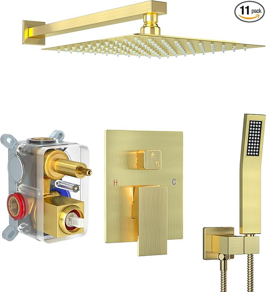 Shower Faucet Set, Shower System with 10 Inch Rain Showerhead and Handheld Shower, Wall Mounted High-Pressure Showerhead Combo Set Included Valve and Trim, Brushed Gold