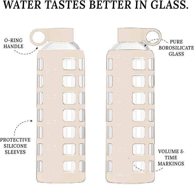 purifyou Premium Glass Water Bottles, 40/32 / 22/12 oz Reusable Drinking Bottle with Time & Volume Markings Silicone Sleeve & Stainless Steel Lid for Water, Coffee, & Fruit Juice (40oz Pearled Ivory)