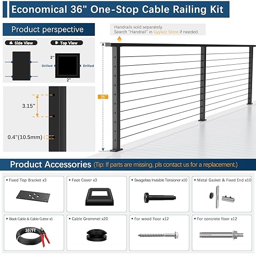 3 Pack Economical One-Stop Cable Railing Post Kits 36", Stainless Steel T304 Deck Railing System with Swageless Tensioner, Upgraded Black Powder Coated Level Drilled Post Kits with DIY Length