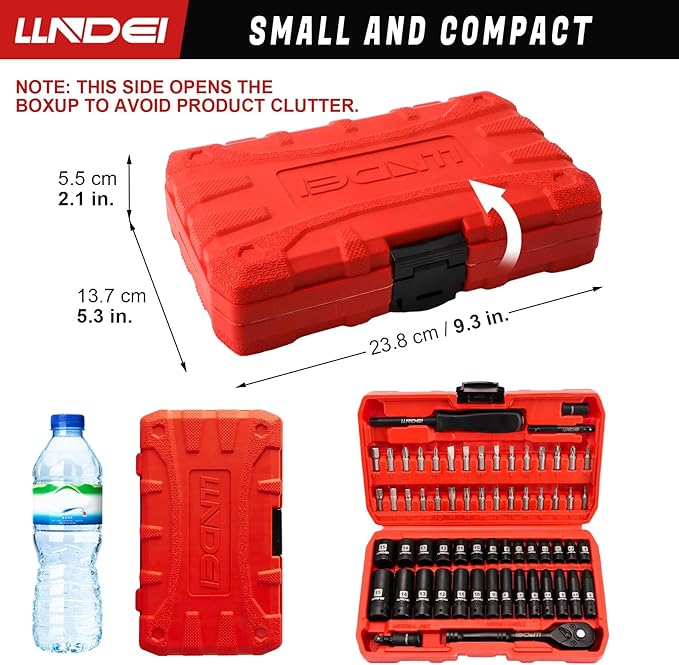 LLNDEI 1/4" Drive Socket Wrench Set, 1/4-Inch Impact Socket Set Metric(4-15mm) Deep and Shallow 6 Point, CR-V, 63PCS with 72T Ratchet Wrench Handle for Household&Automotive Repairing