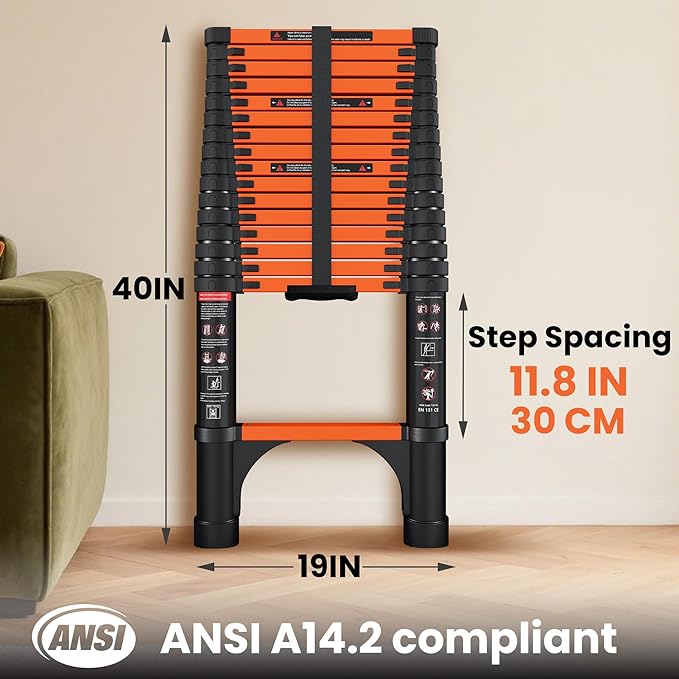 16.5 FT Telescoping Ladder with 11.8" Step Spacing, ANSI Certified, Type I Heavy Duty, 330lbs Max Capacity, Aluminum Extension Ladder for Home, Roof, RV; Orange
