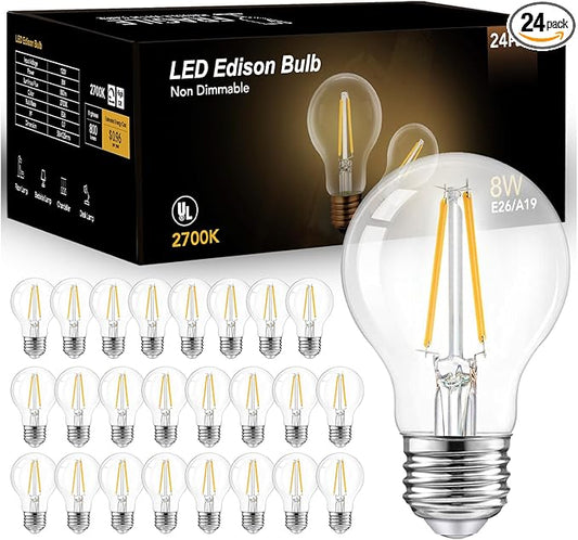 dalattin A19 Vintage LED Edison Bulbs, 60W Equivalent Light Bulbs, 2700K Soft White, Clear Glass Filament Bulb, Efficient 8W, E26 Base, 800 LM, CRI80+, Non-Dimmable for Home, Farmhouse, 24 Pack