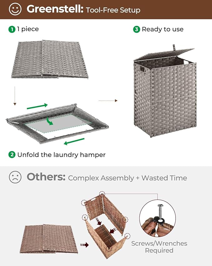 Greenstell Laundry Hamper with 2 Removable Liner Bags - 90L Divided Clothes Hamper, Handwoven Synthetic Rattan Foldable Laundry Basket with Lid and Handles Gray (18.3x13.3x24.0Inches)