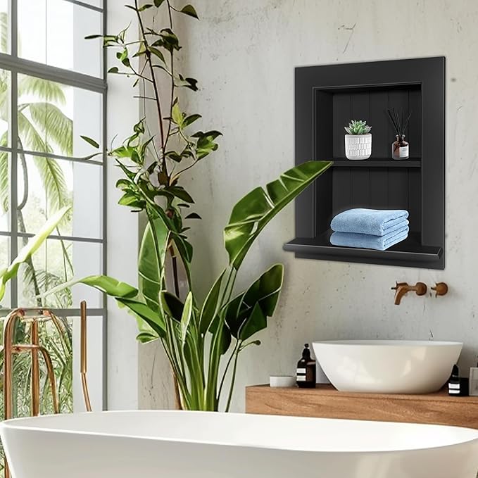 Royxen Bathroom Medicine Cabinet 14 x 18 Inch, Recessed, Large 2-Tier, Black