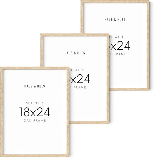 HAUS AND HUES Beige Wood Picture Frames 18 x 24 - Set of 3 Poster Frames 18 x 24, Wooden Picture Frames 18x24, Art 18x24 Frames, Wood Frames 24x18, Picture Frame Set Collage 18x24 (Beige Oak Frames)