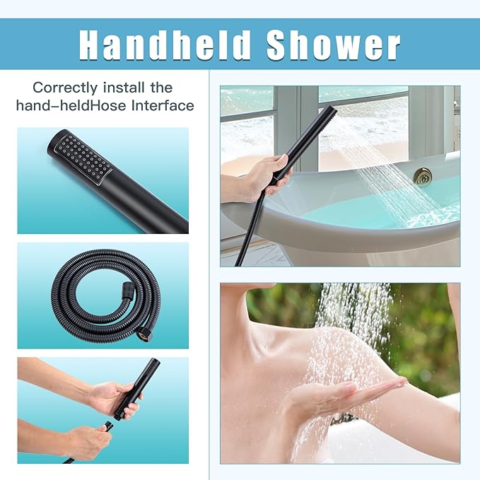 Floor Mount Bathtub Faucet，Matte Black，Freestanding Tub Faucet ，High Flow Dual Function 360 Degree Rotating Tube and Handheld Water Outlet