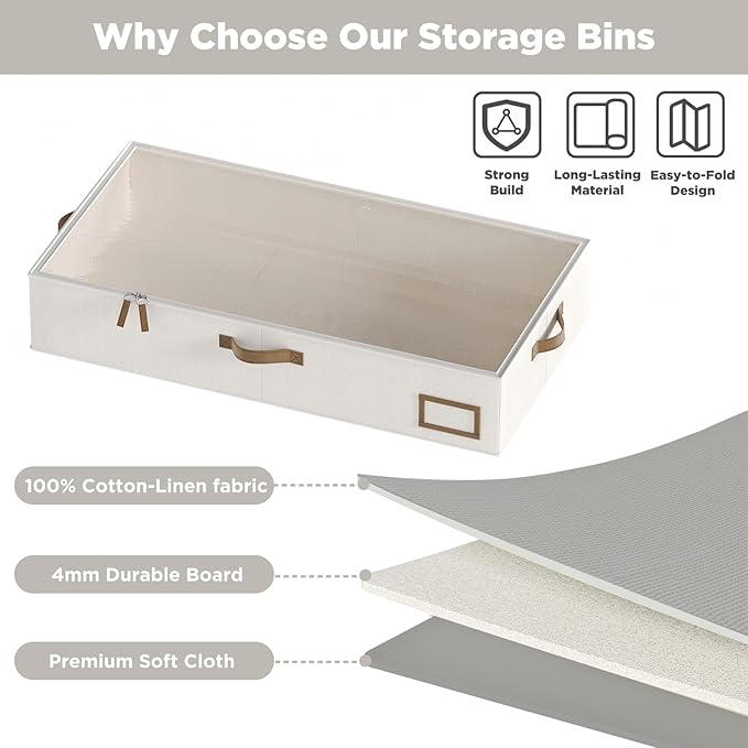 Under Bed Storage Containers, 2-Pack Underbed Storage Box, Collapsible Clothes Storage Bins with Handles and Lid, Medium Under Bed Organizers for Shoe, Blanket, Toy, Pillow, Sheet, Beige