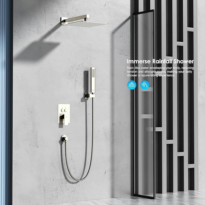 Shower System Shower Faucet Set with Push-Button Diverter and Wall Supply Elbow 12 Inch Shower Head Brushed Nickel