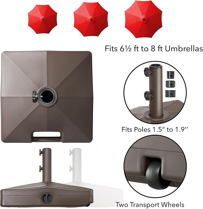 Casafield Patio Umbrella Base, 64lb Capacity, Fillable Heavy Duty Rolling Stand with Handle for Outdoor, Patio, Lawn, Deck, Poolside - Brown