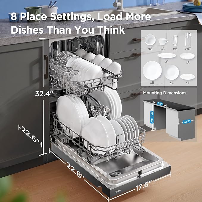 Midea MDF18A1ABB Built-in Dishwasher with 8 Place Settings, 6 Washing Programs, Stainless Steel Tub, Heated Dry, Energy Star, Black