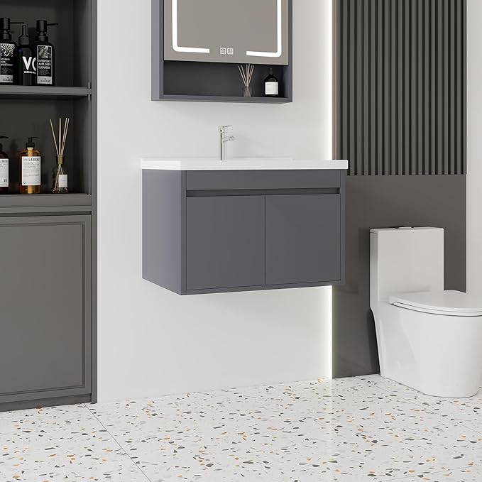 28'' Bathroom Vanity with Ceramic Sink Combo, Wall Mounted Small Bathroom Vanity with Soft-Close Door Modern Floating Cabinet, Pop-up Drain, P-Trap Included, Gray(No Faucet)