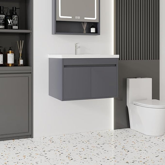 28'' Bathroom Vanity with Ceramic Sink Combo, Wall Mounted Small Bathroom Vanity with Soft-Close Door Modern Floating Cabinet, Pop-up Drain, P-Trap Included, Gray(No Faucet)