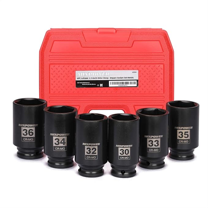 MIXPOWER 6-Piece1/2- Inch Drive Deep Impact Socket Set, Impact Grade Socket Set, 6 Point, CR-MO, Metric,30mm, 32mm, 33mm, 34mm, 35mm, 36mm