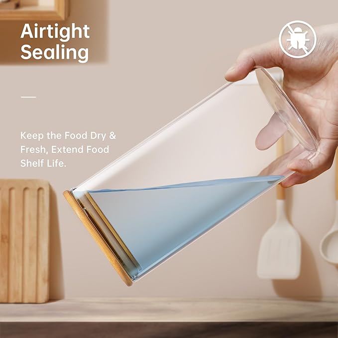 Multi Size - 5 Pack Square Glass Jars with Bamboo Lids, Glass Food Storage Containers with Airtight Lids for Kitchen, Air Tight Pantry Storage Containers for Cereal, Pasta, Rice, Sugar, Coffee, Spice